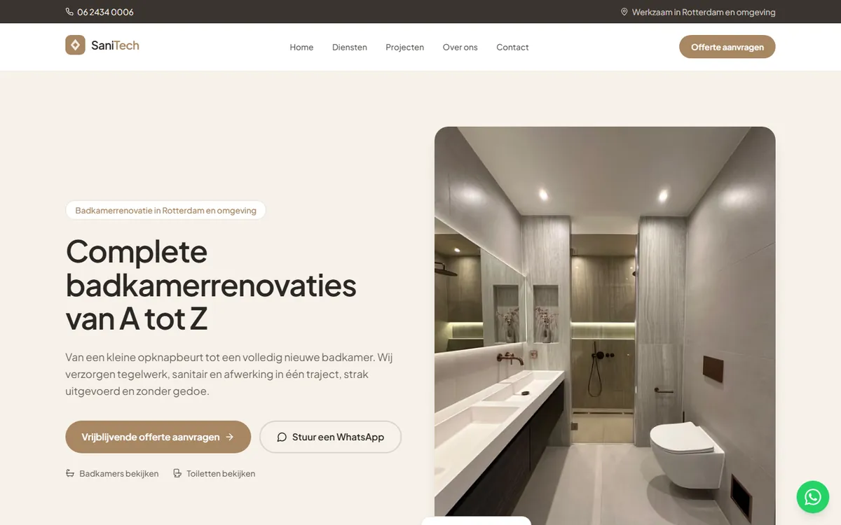 Homepage van Sanitegels met een afgeronde badkamerrenovatie
