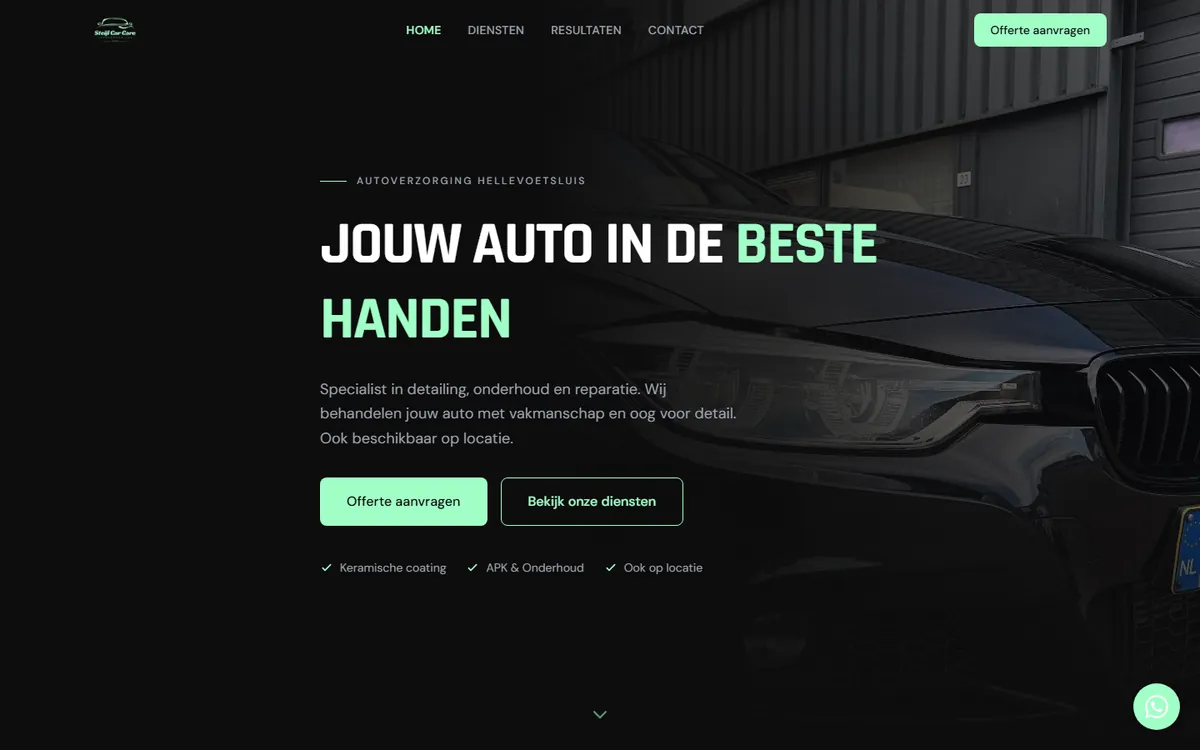 Homepage van Steijl Car Care met een donkere hero en een auto na een detailingbehandeling