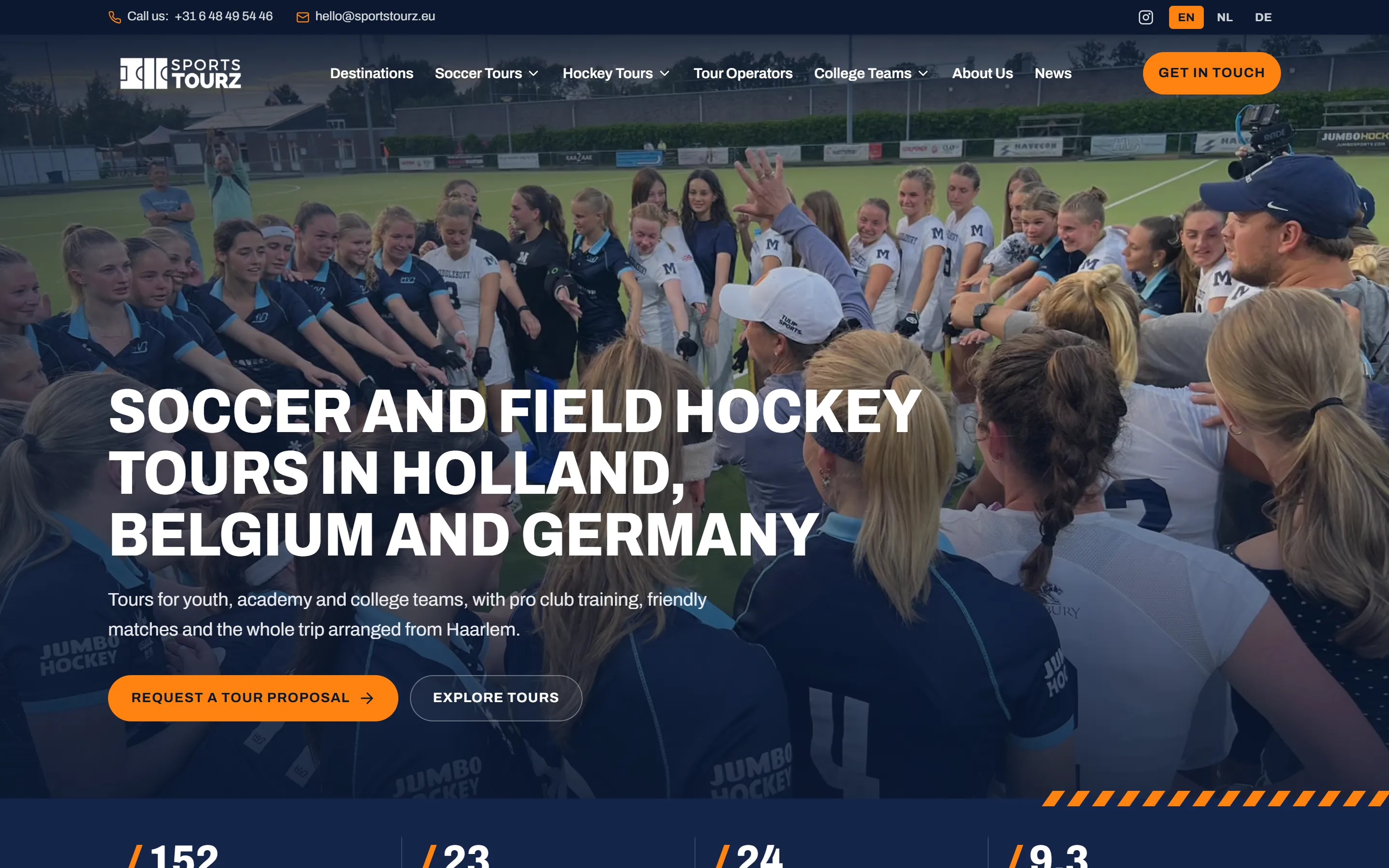 New homepage of sportstourz.eu on desktop, with the heading 'Soccer and field hockey tours in Holland, Belgium and Germany'