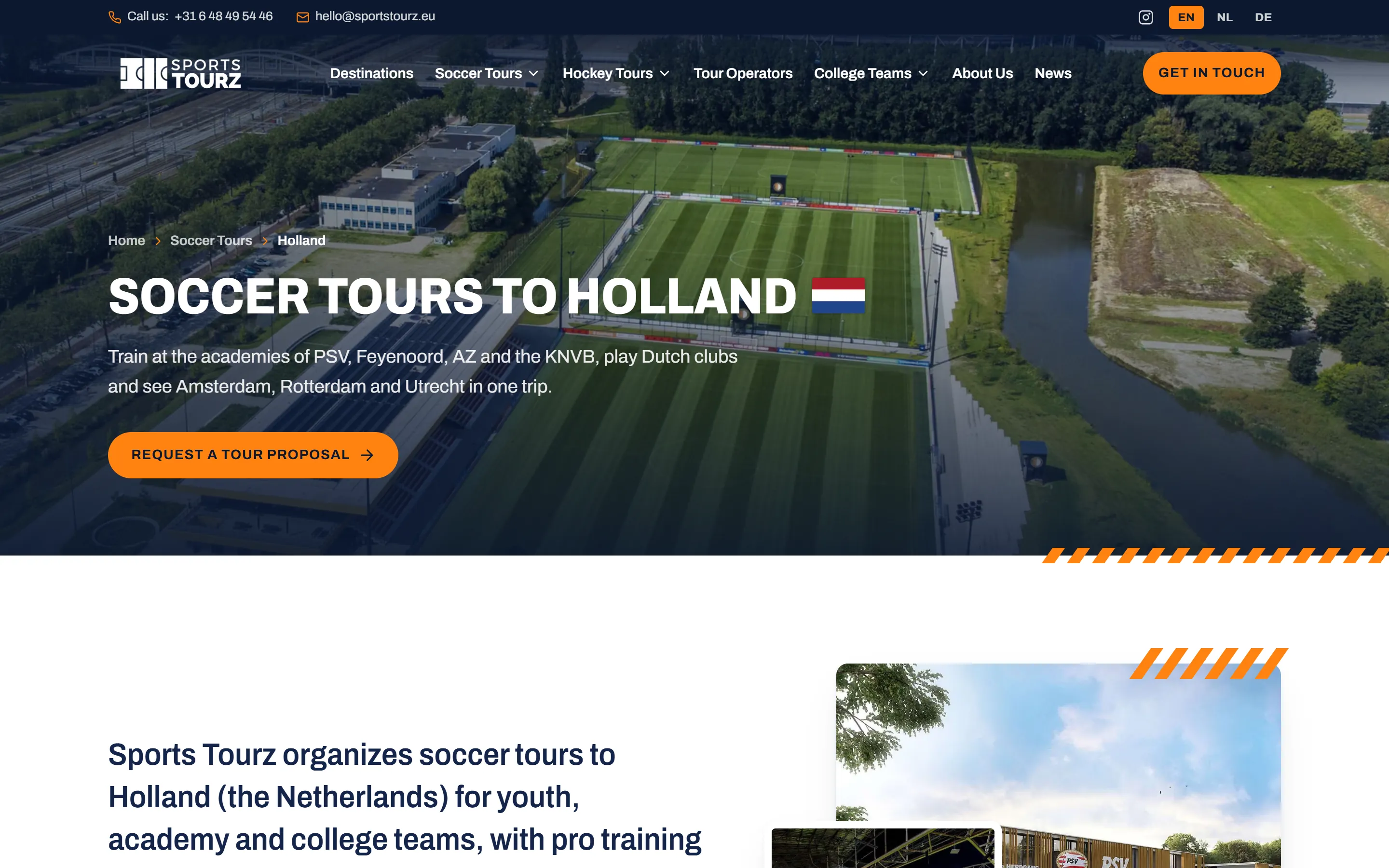 New 'Soccer tours to Holland' page on sportstourz.eu, featuring the academies of PSV, Feyenoord, AZ and the KNVB