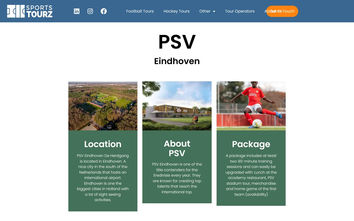 Old page about PSV Eindhoven on sportstourz.eu, with three green text boxes