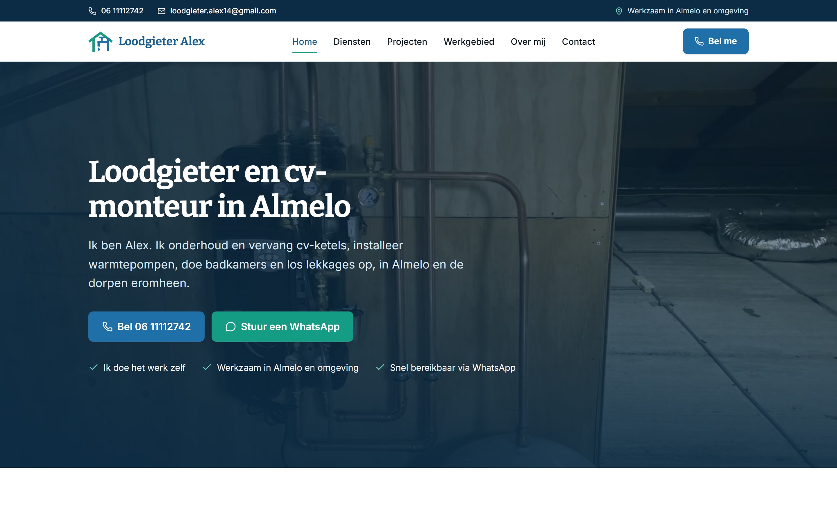 Homepage van loodgieteralex.nl, loodgieter en cv-monteur in Almelo