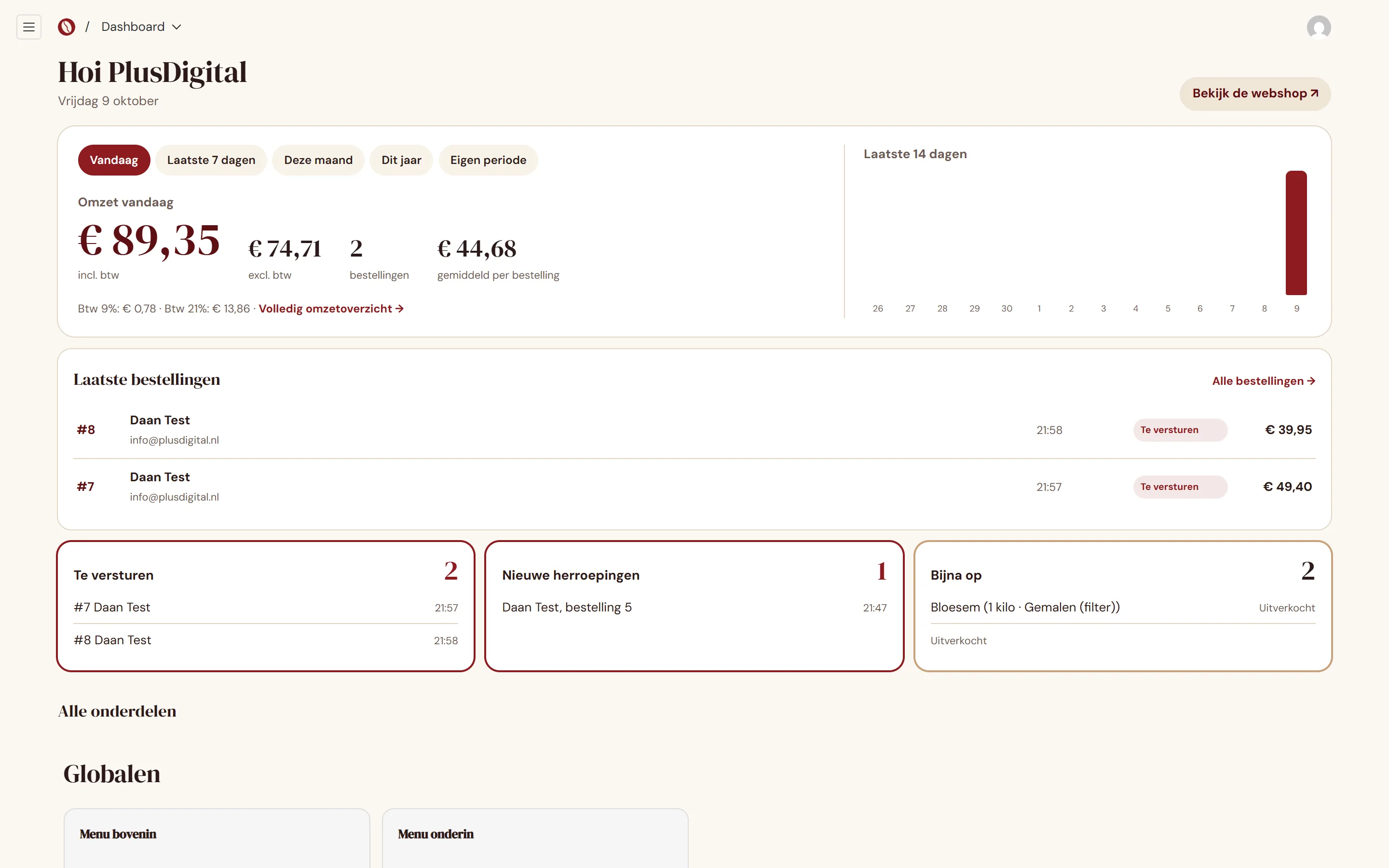 Maalwerk back office dashboard with revenue, orders to ship, low stock and the latest orders