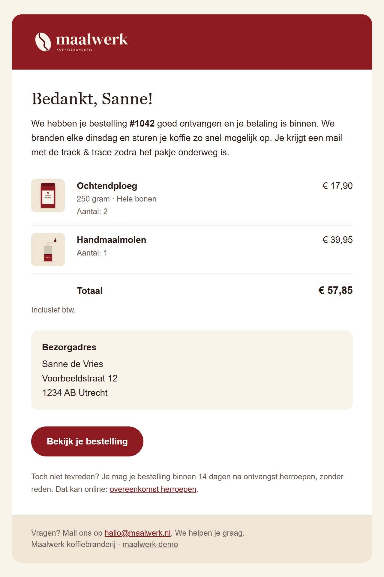 Maalwerk order confirmation email with the ordered products, the total and the delivery address