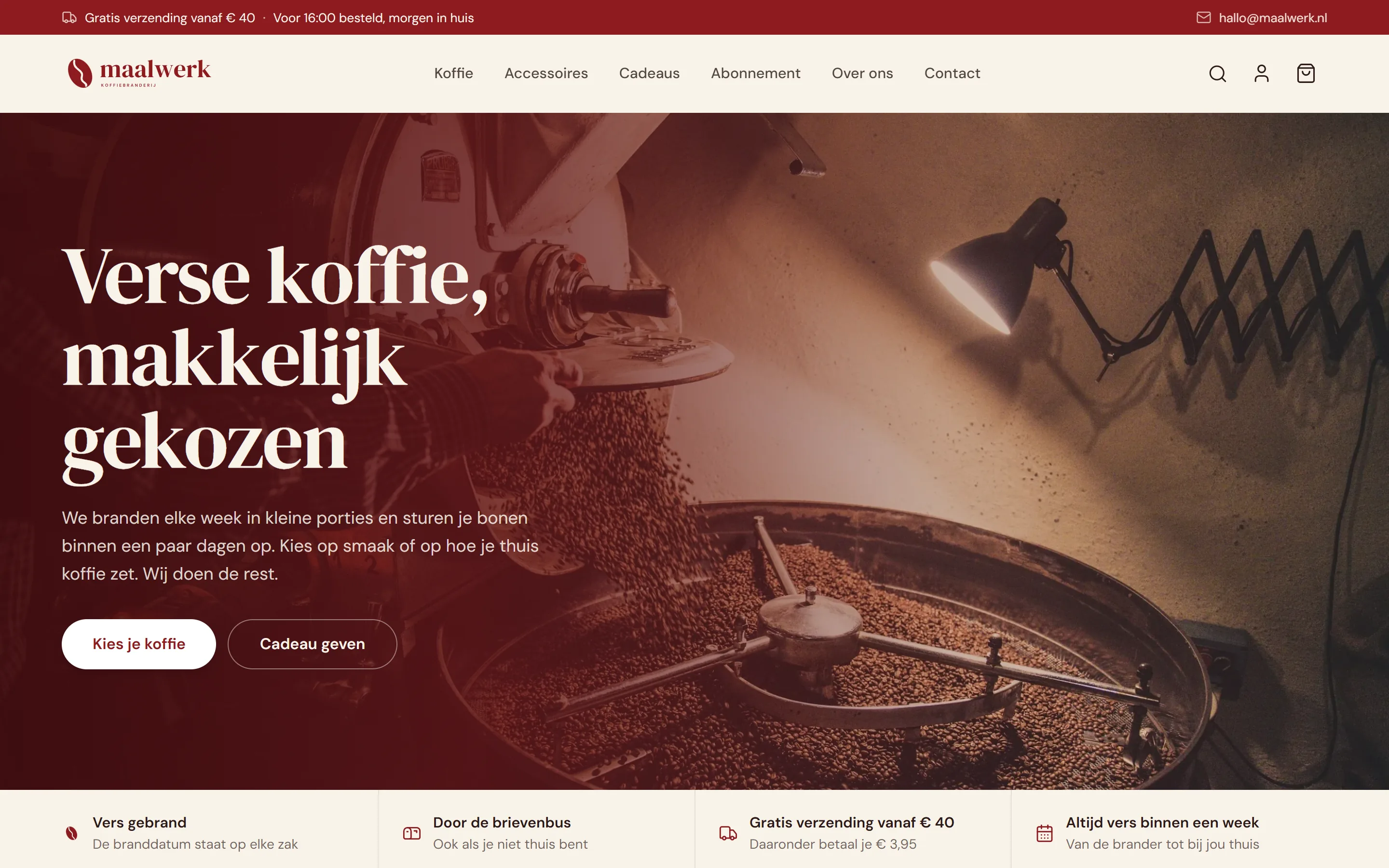 Maalwerk homepage with the heading 'Verse koffie, makkelijk gekozen' and buttons to the coffee and the gifts