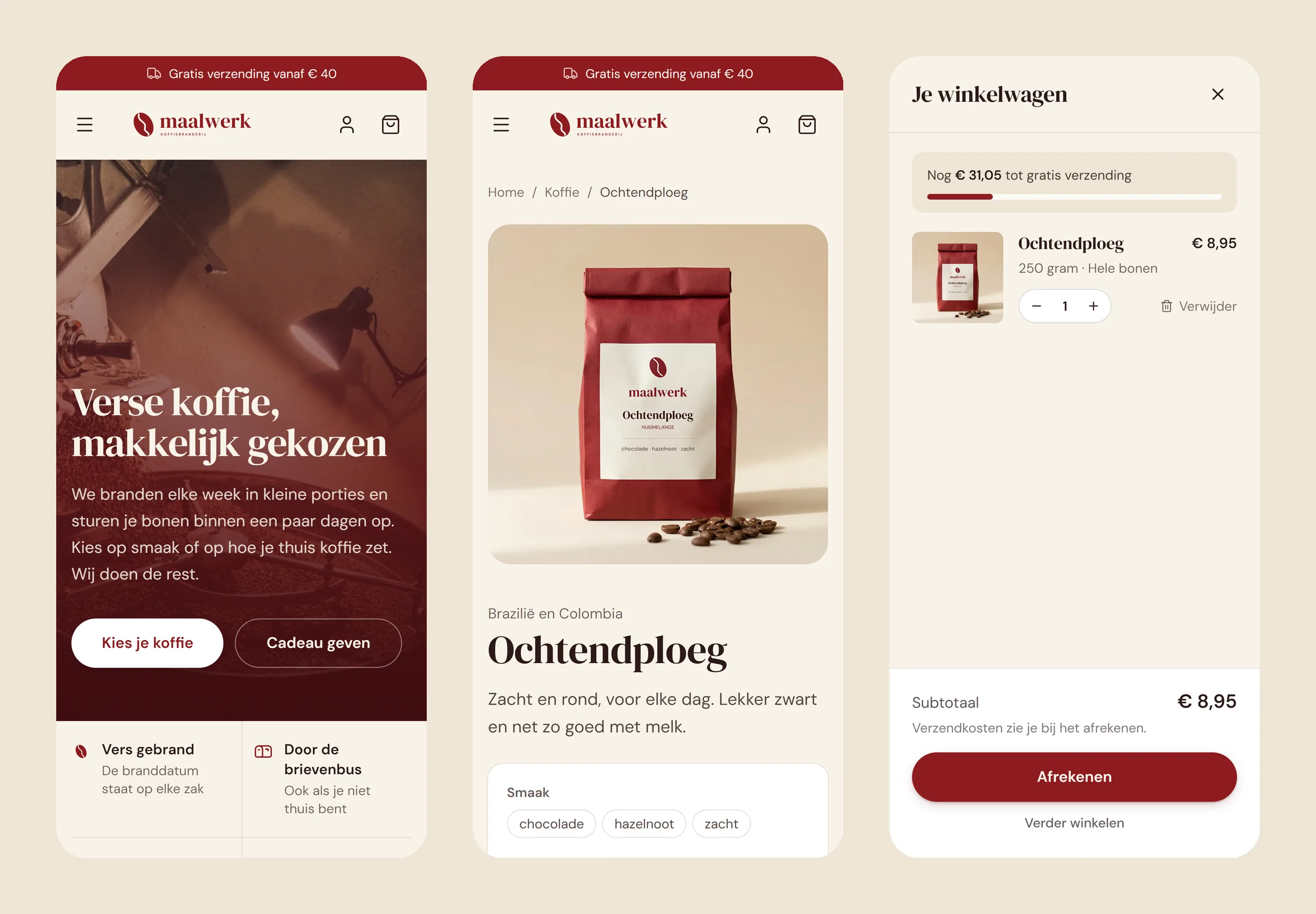 Three phone screens of Maalwerk: the homepage, the Ochtendploeg product page and the cart