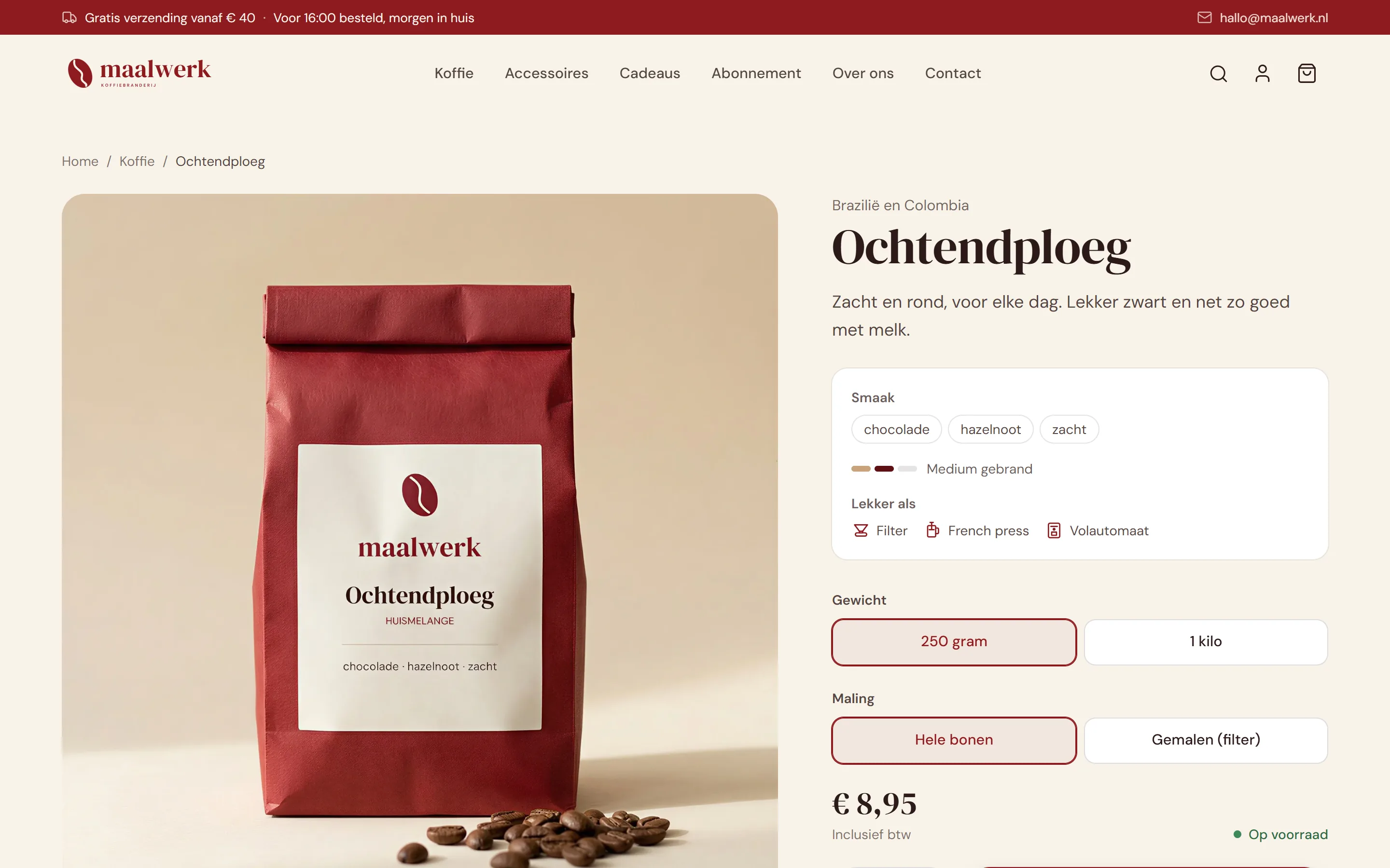 Product page for the coffee Ochtendploeg with tasting notes, roast, brewing methods and choices for weight and grind
