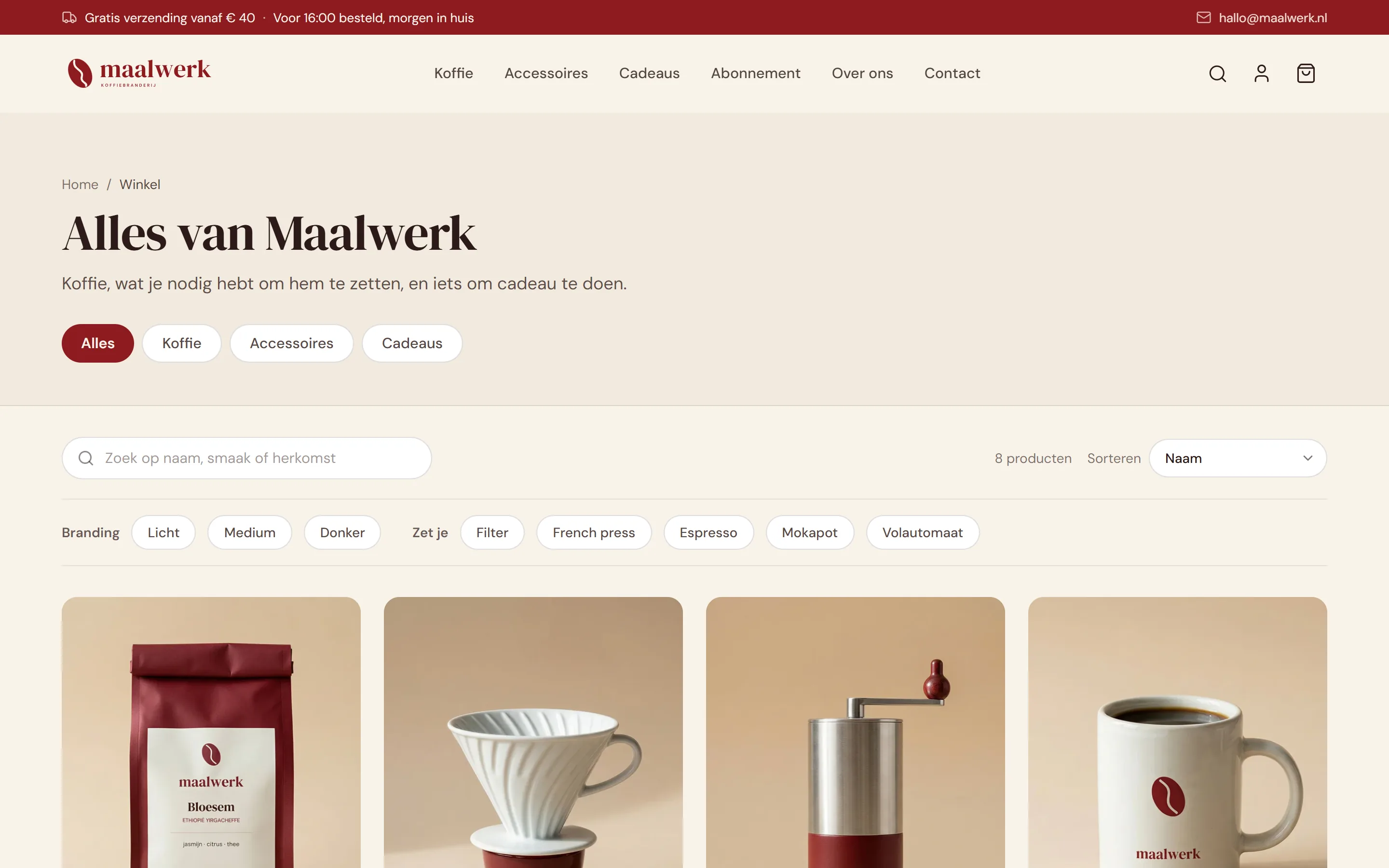 Maalwerk shop page with categories, a search field and filters for roast and brewing method