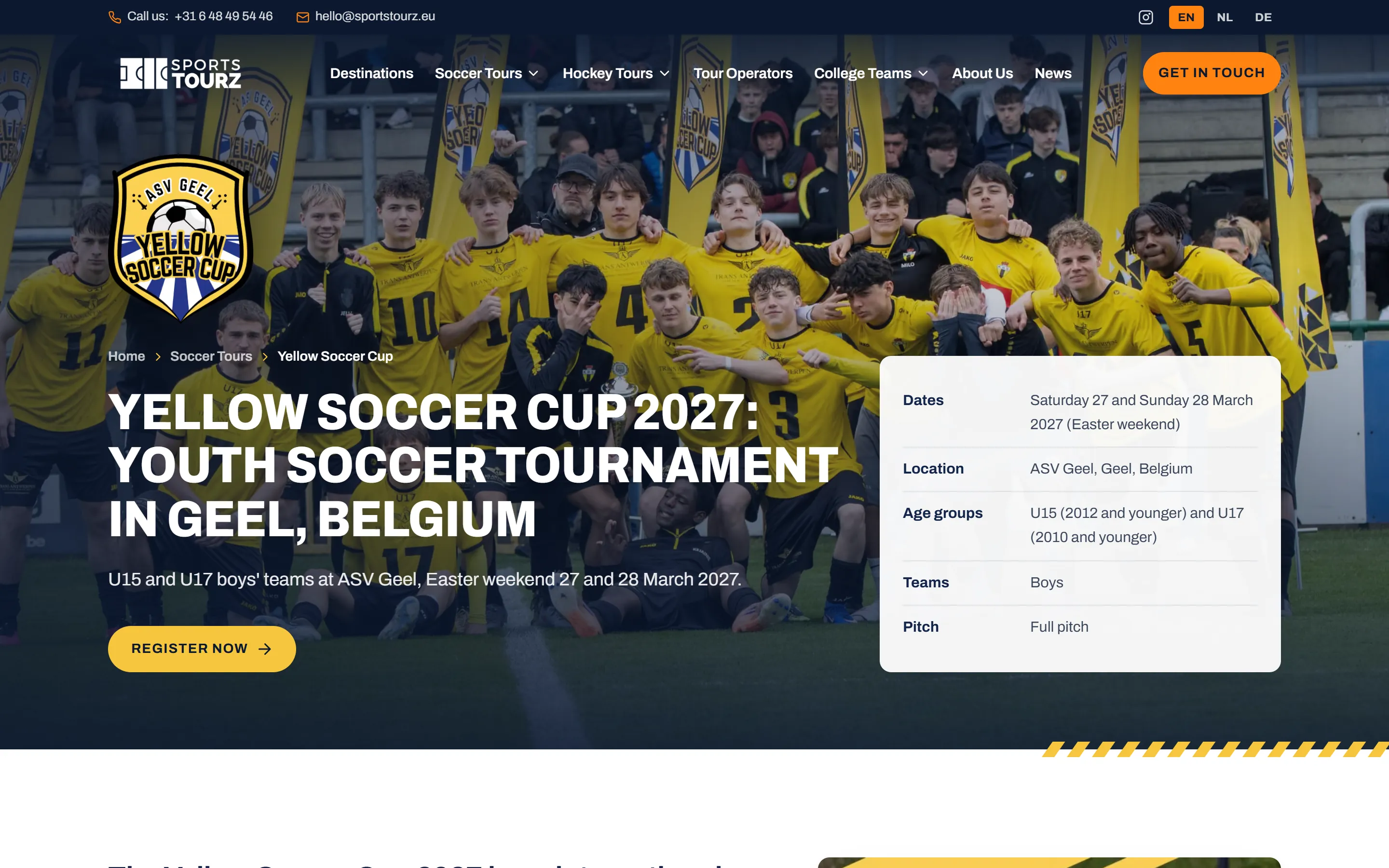 Yellow Soccer Cup page on sportstourz.eu, with the tournament logo and yellow accents